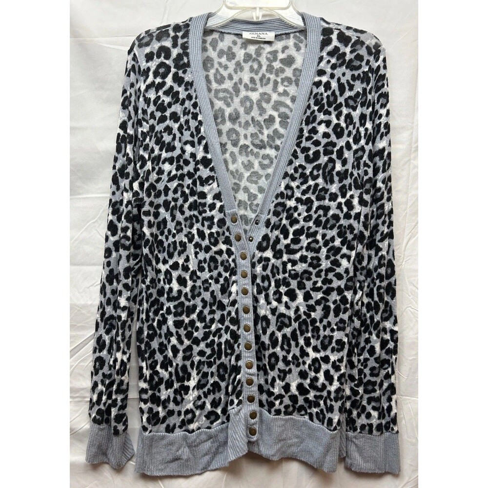 Zenana Xl Leopard Print Cardigan, Gray Black Snap Front Long Sleeve Stretch